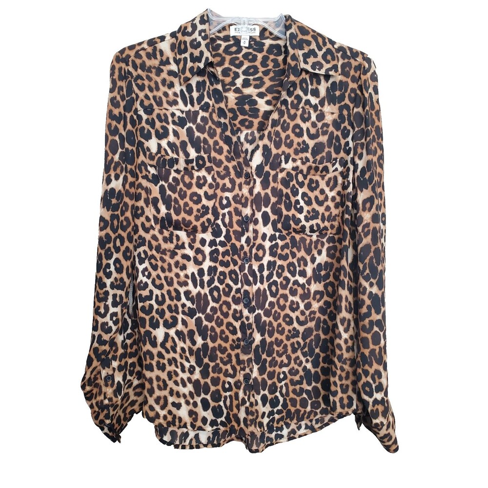 Expresss Portofino Animal Print Roll-Tab Sleeve Button-Up Blouse Size Medium